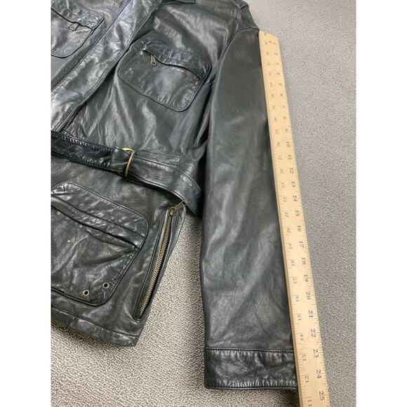 Vintage GAP Leather Jacket Women XL Black Utility Biker Safari Belted Pockets - Picture 9 of 9